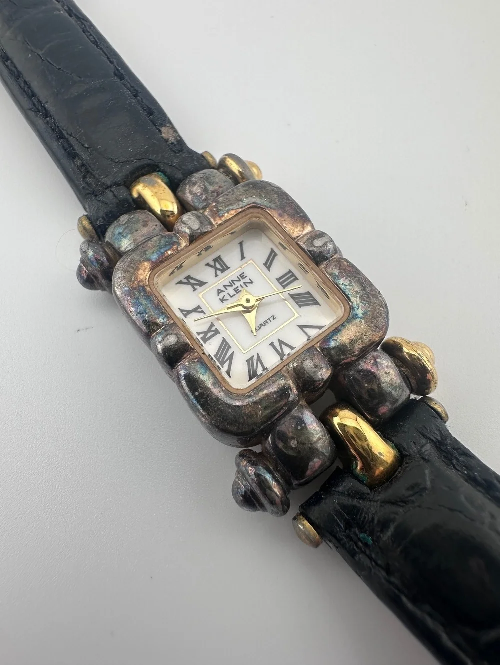 Vintage Anne Klein 29mm Two Tone Quartz Watch Black Leather Band